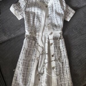 CHANEL  Elegant White and Black Dress with Silver Details